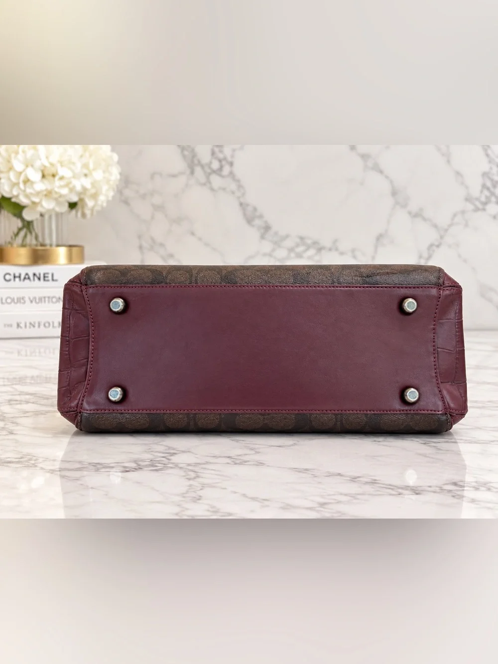 Coach Carry all satchel handbag monogram brown burgundy phyton handle embossed